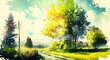 watercolor summer  country landscape with trees , meadow, road , sunny day , generative ai 