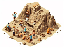 3D Isometric Illustration Of Several Archaeologists Carrying Out Excavation Work At An Archaeological Site. Various Other Activities Such As Sample Analysis And Planning Are Also Being Done There.
