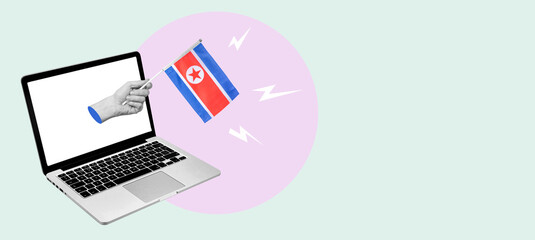 Leinwandbilder - Art collage hand with the North Korea  flag from a laptop on a light background.