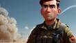  Expressive cartoon soldier in war background. Generative AI