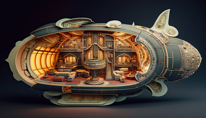 Cross section of a futuristic space ship with rooms and technology - Generative AI