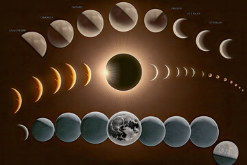 Poster - Different phases of solar eclipse. Sun Earth and Moon in a diagram - Generative AI