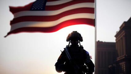 An American soldier with an American flag in his hand looks out into the clear weather for Day of Remembrance or July 4, Day of Remembrance. Generative ai