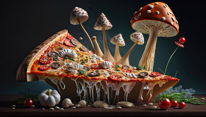 Wall Mural - Mushrooms Pizza. Concept promotional flyer and poster for Restaurants or pizzerias - Generative AI