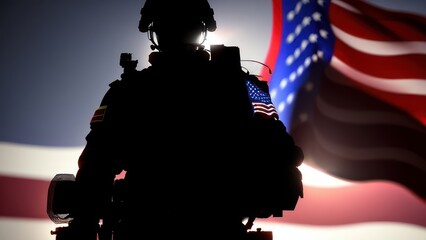 An American soldier with an American flag in his hand looks out into the clear weather for Day of Remembrance or July 4, Day of Remembrance. Generative ai