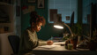 Young Professional Black Woman Working From Home Into the Night at Home Office. African American Female Studying Late at Night at her Desk With a Lamp Light in the Evening Work Diversity Generative AI