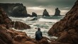 A traveler sitting on a rocky beach, watching the waves crash against a dramatic coastline of rocky cliffs and arches Generative AI
