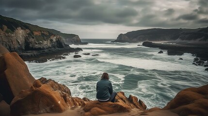 A traveler sitting on a rocky beach, watching the waves crash against a dramatic coastline of rocky cliffs and arches Generative AI