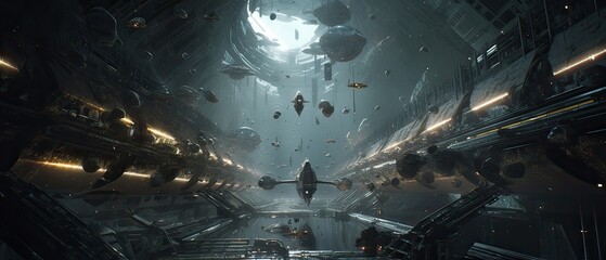 Wall Mural - Futuristic sciFi huge battle spaceships. Futuristic sciFi huge battle spaceships concept for futuristic interstellar deep space travel for sci-fi backgrounds. Generative Ai.