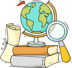 doodle people, world globe map and books