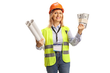 Wall Mural - Happy female engineer with a safety vest and hardhat holding stacks of money