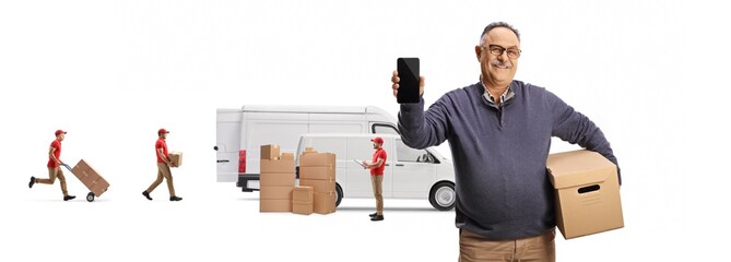 Wall Mural - Workers loading boxes in a van and mature male customer holding a box and showing a smartphone