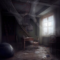 Canvas Print - A very gloomy apartment with cobwebs on the walls, created with generative ai