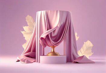 3D display podium, pink background with pedestal and flying silk cloth curtain.Nature  wind. Beauty, cosmetic product presentation stand. Luxury feminine banner template 3d render. Generative AI