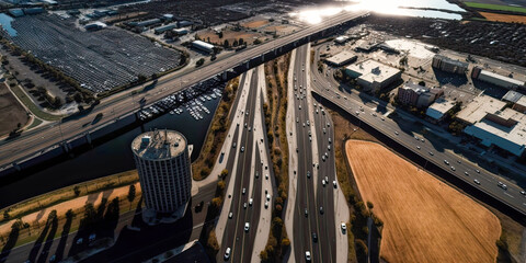 Wall Mural - Aerial view of a city with an interstate road - Generative AI