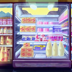 Wall Mural - Dairy products standing in a large refrigerator with glass doors standing inside the store, created with generative ai