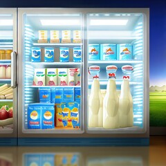 Wall Mural - Dairy products standing in a large refrigerator with glass doors standing inside the store, created with generative ai