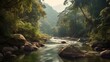 A peaceful, winding river surrounded by dense, lush forests and wildlife Generative AI