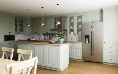 Wall Mural - Green kitchen interior with island. Stylish kitchen with wooden worktop.