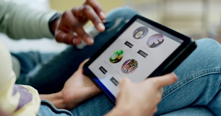 Aufkleber - Tablet screen, online shopping and hands of couple for food choice, dinner or lunch in home living room. Ecommerce, menu app and man and woman with technology to scroll on restaurant website for meal