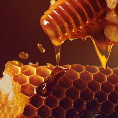 Canvas Print - Honeycomb with flowing honey, created with generative ai