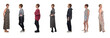the same woman in different outfits at different times on white background