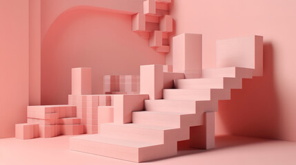 Wall Mural - 3d render, pink stairs, steps, abstract background in pastel colors. Generative Ai