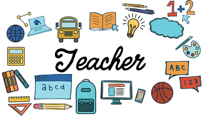 Poster - Teacher text amidst various colorful vector icons