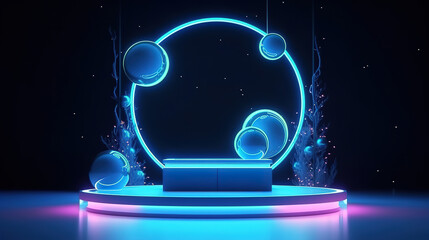 Wall Mural - Festive showcase with podium and glowing round frame. Generative Ai
