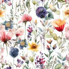 Sticker - seamless pattern with wildflowers. watercolor design. Generative AI