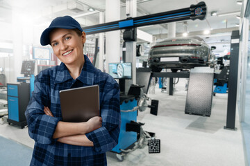 Poster - Service woman with digital tablet on the background of the car in the car service
