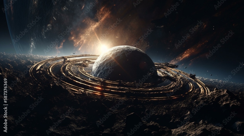 An epic scene of a planet with a massive ring system, with intricate ...