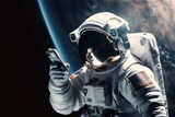 Fototapeta Pokój dzieciecy - Astronaut using smartphone in outer space, generative ai