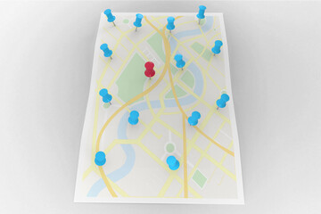 Poster - Red pointer surrounded by blue markers on world map