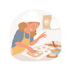 Poster - Baking isolated cartoon vector illustration. Teenage girl wearing apron and baking in kitchen, cooking hobby, work with ingredients, learning new skills at home, leisure time vector cartoon.