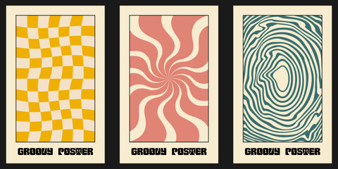 Wall Mural - Groovy hippie 70s vector backgrounds set. Chessboard and twisted patterns. Backgrounds in trendy retro trippy style.Twisted and distorted vector texture in trendy retro psychedelic style