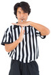 Referee showing timeout gesture while blowing whistle