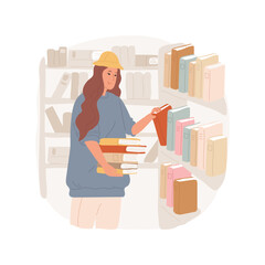 Poster - Working in a library isolated cartoon vector illustration. Beautiful teenage girl having first job in library, teen standing near bookshelf, summer work, row of books vector cartoon.