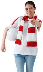 Wall Mural - Football fan in white wearing scarf holding ball