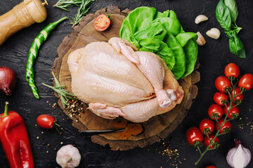 Whole raw chicken on a wooden board with spices for cooking, top view