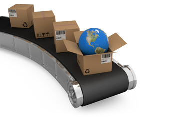 Poster - High angle view of cardboard boxes with globe on 3D production line