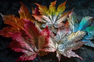 Wall Mural - colorful fallen leaves covering a wooden table. Generative AI