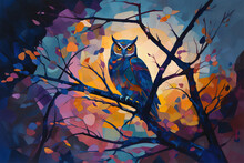  A Painting Of An Owl Perched On A Tree Branch In Front Of A Full Moon With Colorful Leaves And Branches In The Foreground, With A Blue Sky And Yellow.  Generative Ai