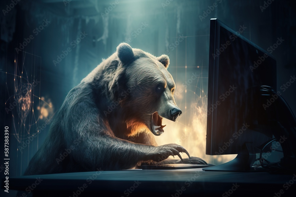 a bear sitting at a desk in front of a computer, with a monitor and ...