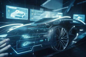 Poster -  a futuristic car being driven by a person holding a cell phone in a futuristic car showroom with a futuristic car in the foreground.  generative ai