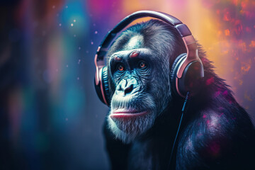  a monkey with headphones on and a microphone in his ear is looking at the camera while wearing a pair of headphones in his ears.  generative ai