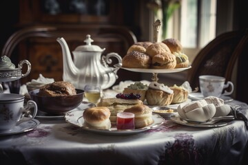 Poster -  a table topped with plates of food and cups of tea and saucers on top of a table covered in dishes and cups and saucers.  generative ai