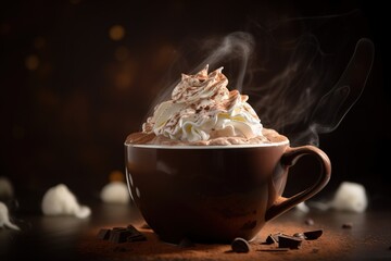 Wall Mural -  a cup of hot chocolate with whipped cream and chocolate shavings on a dark background with a lot of smoke coming out of the top.  generative ai