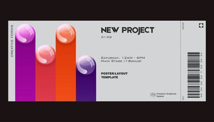Poster - ticket featuring colorful realistic balls. great for branding presentation, poster, cover, art, tick
