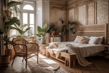 Poster - White and beige bohemian farmhouse wooden bedroom. Bed, chair, and plants. Wallpapered shuttered window. Rustic interior design,. Generative AI